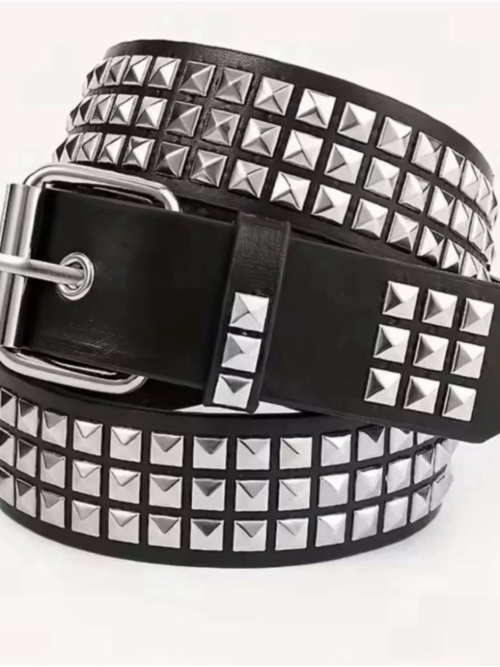 Black Pyramid Stud Leather Belt for Men - Silver Hardware